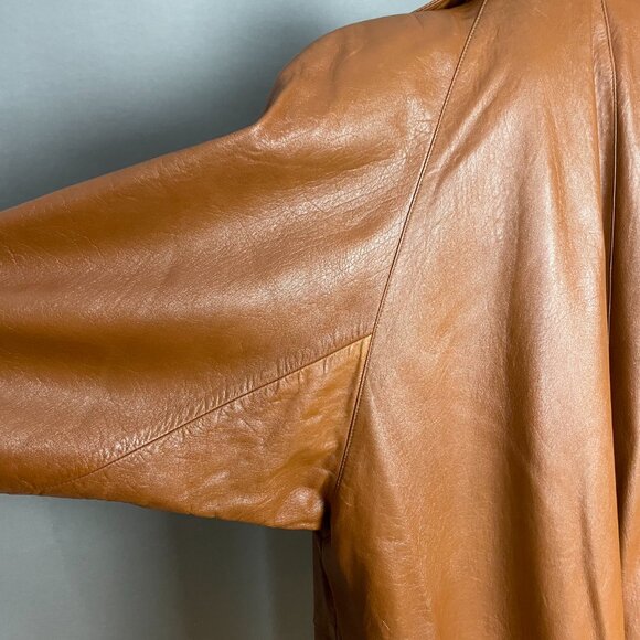 Vintage Leather Jacket Oversize Women Open Front FLAWS Soft Batwing Sleeve Brown - Picture 16 of 16